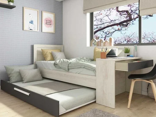 Cama Dupla 2X90X200 Cm, Com Secretária Cor Natural E Antracite + Sommier - Vouani