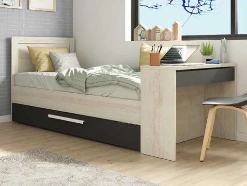 Cama Dupla 2X90X200 Cm, Com Secretária Cor Natural E Antracite + Sommier - Vouani
