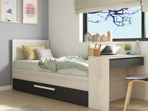 Cama Dupla 2X90X200 Cm, Com Secretária Cor Natural E Antracite + Sommier - Vouani