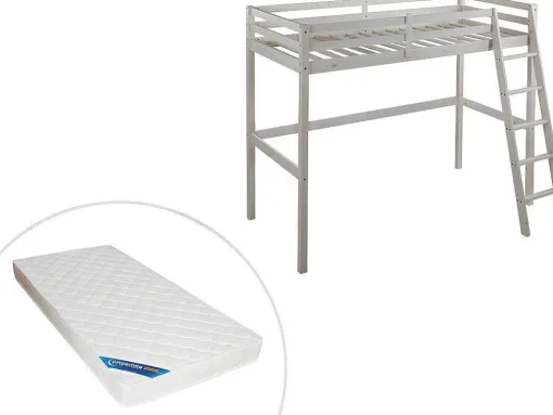 Cama Mezzanine 90X190 Cm Em Pinho Macico Esbranquicado + Colchão - Gedeon