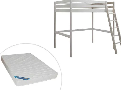 Cama Mezzanine 140X190 Cm Em Pinho Macico Esbranquicado + Colchão - Gedeon