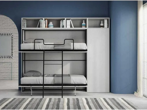 Cama Retratil Beliche Solteiro Horizontal Kando Com Colchões Composicao I Cinza Branca