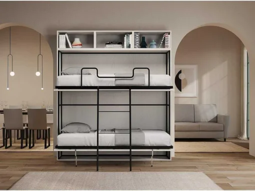 Cama Retratil Beliche Solteiro Horizontal Kando Composicao L Cinza Branca