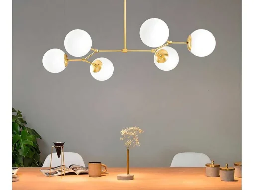 Candeeiro De Teto Em Metal 6 Globos De C. 100 X A. 52 Cm Cor Dourado E Branco - Damar