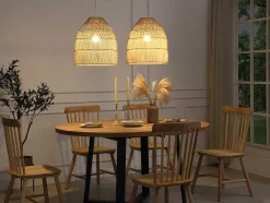 Candeeiro De Teto Etnico Em Metal E Rotim Cor Natural De D.40 X A. 120 Cm - Parnaiba