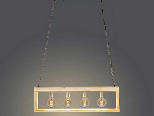 Candeeiro De Teto Industrial Estrutura Retangular Em Madeira Madeira E Metal - 4 Lampadas - A. 31 X C.100 Cm - Natural E Preto - Olius