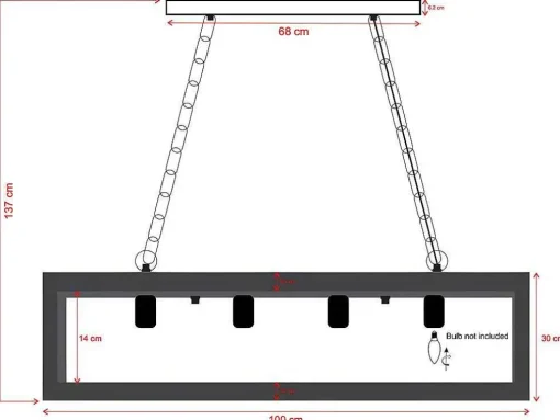 Candeeiro De Teto Industrial Estrutura Retangular Em Madeira Madeira E Metal - 4 Lampadas - A. 31 X C.100 Cm - Natural E Preto - Olius