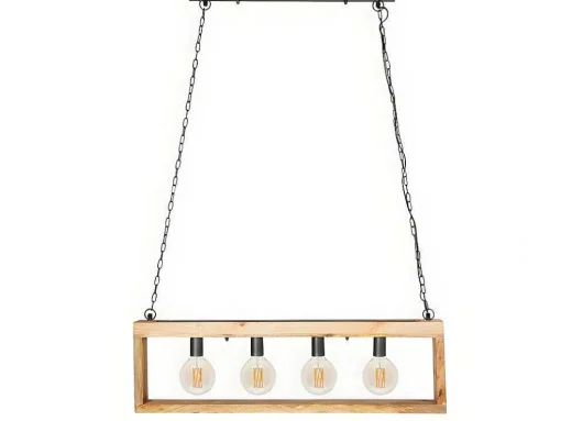 Candeeiro De Teto Industrial Estrutura Retangular Em Madeira Madeira E Metal - 4 Lampadas - A. 31 X C.100 Cm - Natural E Preto - Olius