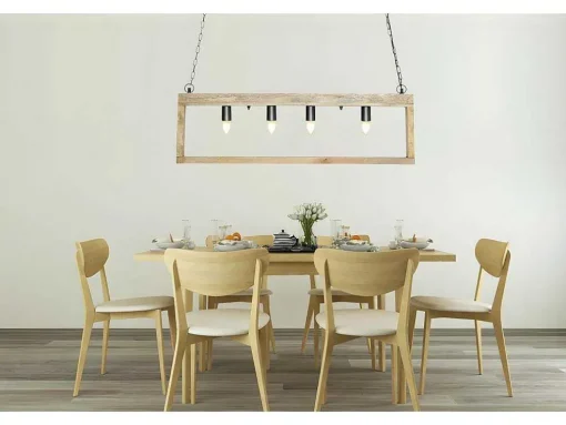 Candeeiro De Teto Industrial Estrutura Retangular Em Madeira Madeira E Metal - 4 Lampadas - A. 31 X C.100 Cm - Natural E Preto - Olius