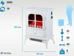 Cheminee Electrique Au Sol 2000W Style Retro En Acier Laque Blanc