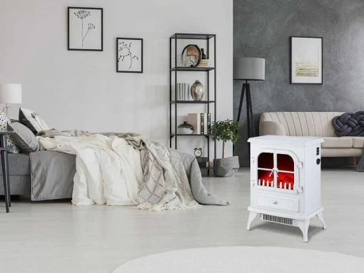 Cheminee Electrique Au Sol 2000W Style Retro En Acier Laque Blanc