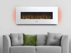 Cheminee Electrique Panoramique Avec Eclairage Led D'Ambiance Et Panneau Frontal Blanc