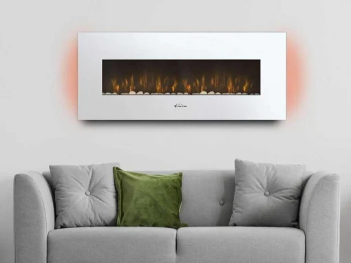 Cheminee Electrique Panoramique Avec Eclairage Led D'Ambiance Et Panneau Frontal Blanc