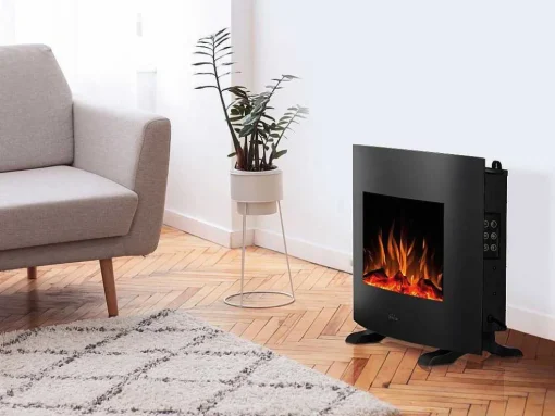 Cheminee Electrique 2000W En Verre Trempe Noir Et Pieds