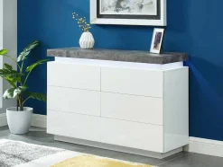 Cómoda - 6 Gavetas - Mdf Lacado - Com Leds - Cor: Branco E Cinza Cimento - Halo Ii