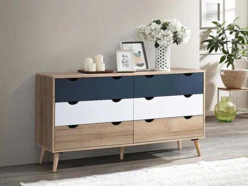 Cómoda 6 Gavetas Cor Natural, Branco E Azul-Marinho - Lurvia