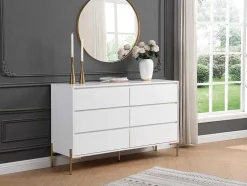Cómoda 6 Gavetas, Mdf E Metal Lacado A Branco E Dourado - Korasa