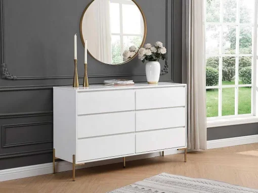 Cómoda 6 Gavetas, Mdf E Metal Lacado A Branco E Dourado - Korasa