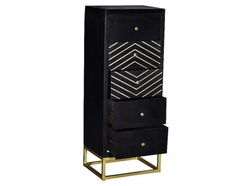 Cómoda Alta Art Deco Prismin - 5 Gavetas - Madeira De Mangueira E Metal - Preto E Dourado