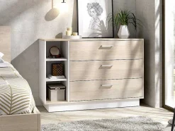 Cómoda Com 3 Gavetas E 3 Nichos Cor Natural E Branco - Leandre