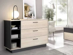Cómoda Com 3 Gavetas E 3 Nichos Cor Natural E Antracite - Leandre