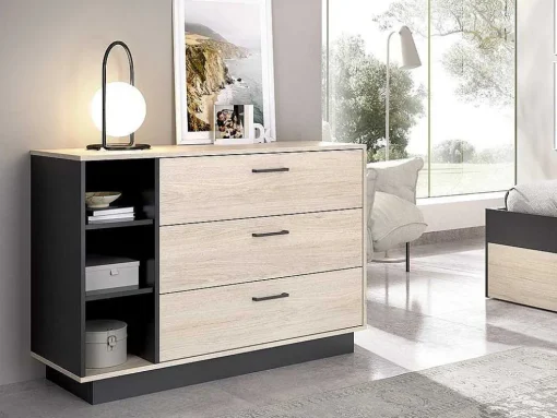 Cómoda Com 3 Gavetas E 3 Nichos Cor Natural E Antracite - Leandre