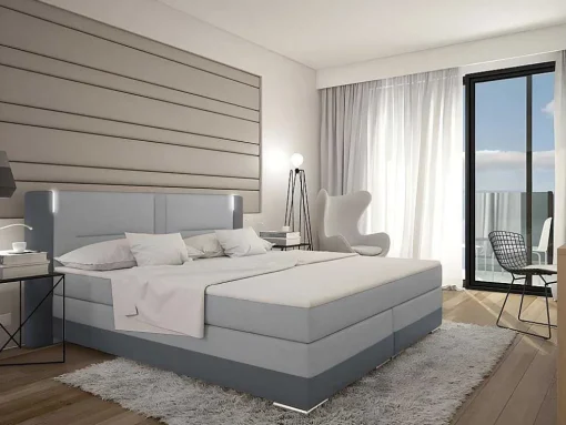 Conjunto Boxspring - Cabeceira, Sommier, Colchão, Sobrecolchão - 160X200Cm - Pele Sintética - Antracite E Cinza Claro Asti
