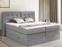 Conjunto Boxspring Cabeceira De Cama + Sommiers Com Arrumação + Colchão + Sobrecolchão, 180 X 200 Cm, Tecido Cinzento-Claro - Perama Da Palacio