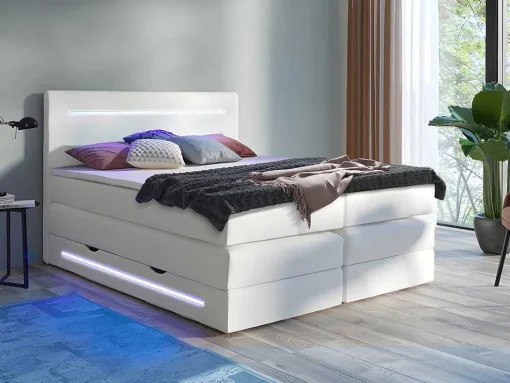Conjunto Boxspring: Cabeceira, Sommier Com Arrumação, Colchão + Sobrecolchão, 160 X 200 Cm, Branco, Pele Sintética - Keros Da Dreamea