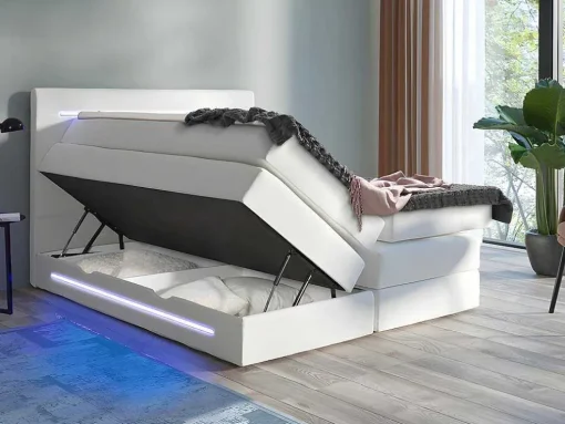 Conjunto Boxspring: Cabeceira, Sommier Com Arrumação, Colchão + Sobrecolchão, 160 X 200 Cm, Branco, Pele Sintética - Keros Da Dreamea