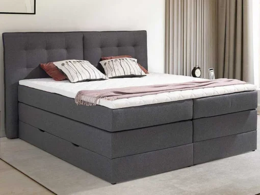 Conjunto Boxspring Cabeceira De Cama + Sommiers Com Arrumação + Colchão + Sobrecolchão, 180 X 200 Cm, Tecido Antracite - Perama Da Palacio