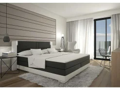 Conjunto Boxspring Completo - Cabeceira Com Leds + Sommiers + Colchão + Sobrecolchão - 160X 200 Cm - Pele Sintética - Branco E Cinzento - Asti De Ysmee