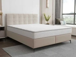 Conjunto Completo Boxspring Com Cabeceira Estofada + Sommier + Colchão + Sobrecolchão 180 X 200 Cm Tecido Bege - Inao De Ysmee