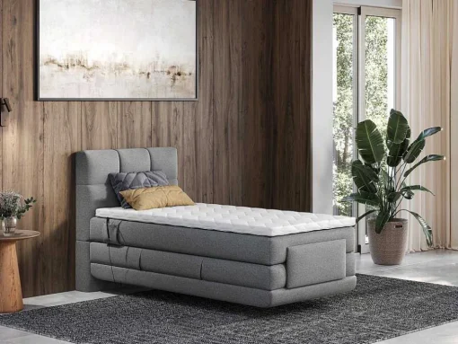 Conjunto Completo Boxspring, Cabeceira De Cama Acolchoada + Sommiers Articulados Eletricos + Colchão + Sobrecolchão 100X200 Cm Tecido Cinzento-Claro - Lodi Da Palacio