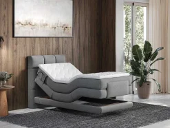 Conjunto Completo Boxspring, Cabeceira De Cama Acolchoada + Sommiers Articulados Eletricos + Colchão + Sobrecolchão 100X200 Cm Tecido Cinzento-Claro - Lodi Da Palacio