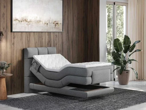 Conjunto Completo Boxspring, Cabeceira De Cama Acolchoada + Sommiers Articulados Eletricos + Colchão + Sobrecolchão 100X200 Cm Tecido Cinzento-Claro - Lodi Da Palacio