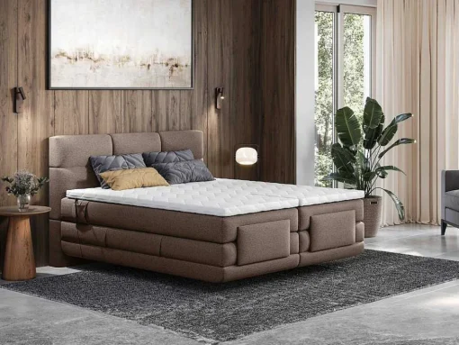 Conjunto Completo Boxspring Cabeceira De Cama Acolchoada + Sommiers Articulados Eletricos + Colchão + Sobrecolchão 2X90X200 Cm Tecido Castanho - Lodi De Palacio