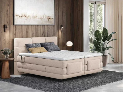 Conjunto Completo Boxspring, Cabeceira De Cama Acolchoada + Sommiers Articulados Eletricos + Colchão + Sobrecolchão 2X80X200 Cm Tecido Bege - Lodi Da Palacio