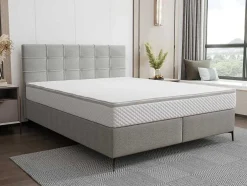 Conjunto Completo Boxspring Com Cabeceira Estofada + Sommier + Colchão + Sobrecolchão 160 X 200 Cm Tecido Cinza-Claro - Inao De Ysmee