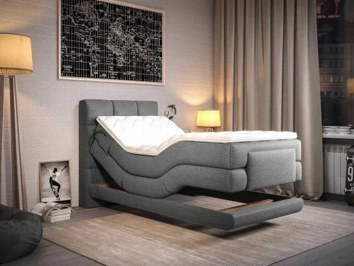 Conjunto Completo Boxspring, Cabeceira De Cama Acolchoada + Sommiers Articulados Eletricos + Colchão + Sobrecolchão 100X200 Cm Tecido Cinzento-Claro - Lodi Da Palacio