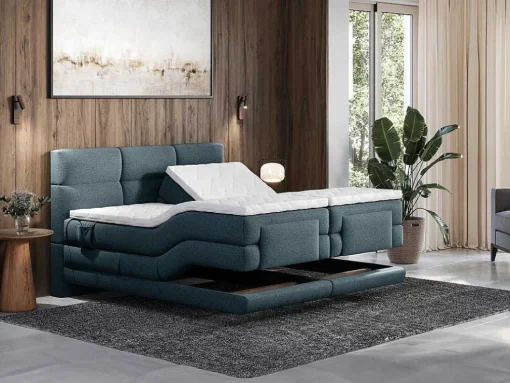 Conjunto Completo Boxspring Cabeceira De Cama Acolchoada + Sommiers Articulados Eletricos + Colchão + Sobrecolchão 2X90X200 Cm Tecido Azul - Lodi De Palacio