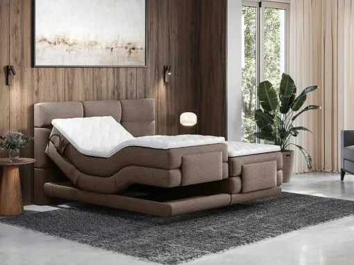 Conjunto Completo Boxspring Cabeceira De Cama Acolchoada + Sommiers Articulados Eletricos + Colchão + Sobrecolchão 2X90X200 Cm Tecido Castanho - Lodi De Palacio