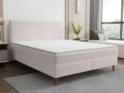 Conjunto Completo Boxspring Com Cabeceira + Sommier + Colchão + Sobrecolchão 180 X 200 Cm Veludo Canelado Bege - Nara De Ysmee