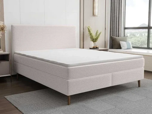 Conjunto Completo Boxspring Com Cabeceira + Sommier + Colchão + Sobrecolchão 180 X 200 Cm Veludo Canelado Bege - Nara De Ysmee
