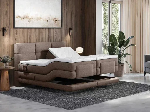 Conjunto Completo Boxspring Cabeceira De Cama Acolchoada + Sommiers Articulados Eletricos + Colchão + Sobrecolchão 2X90X200 Cm Tecido Castanho - Lodi De Palacio