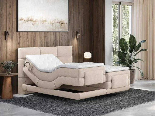 Conjunto Completo Boxspring, Cabeceira De Cama Acolchoada + Sommiers Articulados Eletricos + Colchão + Sobrecolchão 2X80X200 Cm Tecido Bege - Lodi Da Palacio
