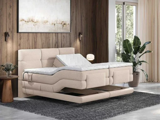 Conjunto Completo Boxspring, Cabeceira De Cama Acolchoada + Sommiers Articulados Eletricos + Colchão + Sobrecolchão 2X80X200 Cm Tecido Bege - Lodi Da Palacio
