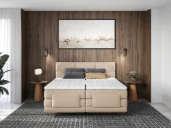 Conjunto Completo Boxspring, Cabeceira De Cama Acolchoada + Sommiers Articulados Eletricos + Colchão + Sobrecolchão 2X80X200 Cm Tecido Bege - Lodi Da Palacio