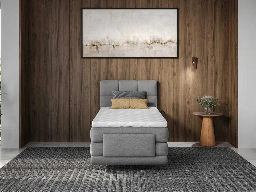 Conjunto Completo Boxspring, Cabeceira De Cama Acolchoada + Sommiers Articulados Eletricos + Colchão + Sobrecolchão 100X200 Cm Tecido Cinzento-Claro - Lodi Da Palacio