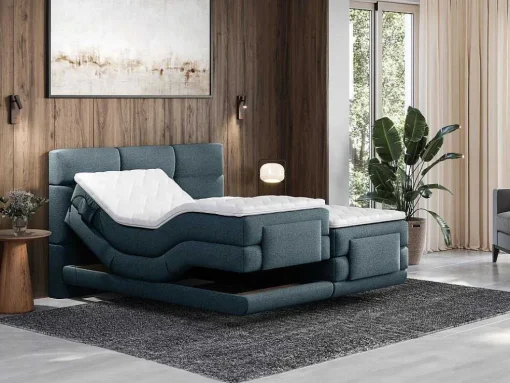 Conjunto Completo Boxspring Cabeceira De Cama Acolchoada + Sommiers Articulados Eletricos + Colchão + Sobrecolchão 2X90X200 Cm Tecido Azul - Lodi De Palacio